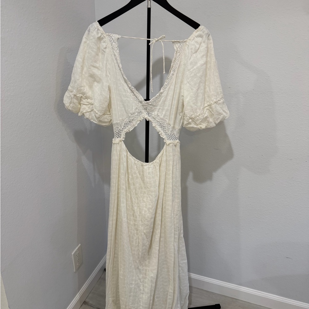 Maurie + Eve Cream Open-Back Maxi Dress with Puff Sleeves